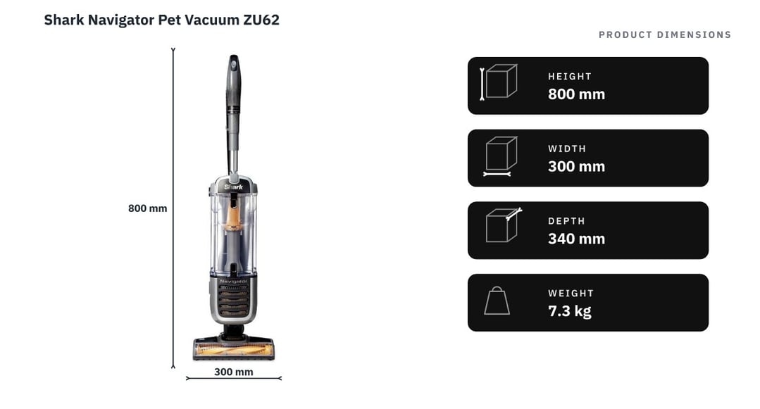 Shark Navigator Pet Vacuum ZU62 — product dimensions
