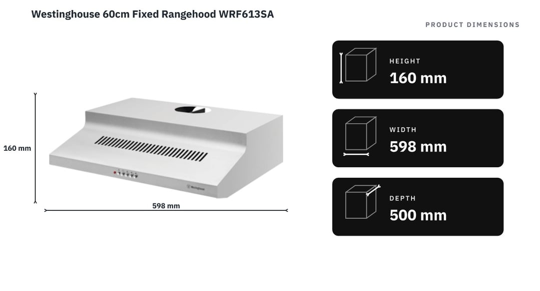 Westinghouse 60cm Fixed Rangehood WRF613SA — product dimensions