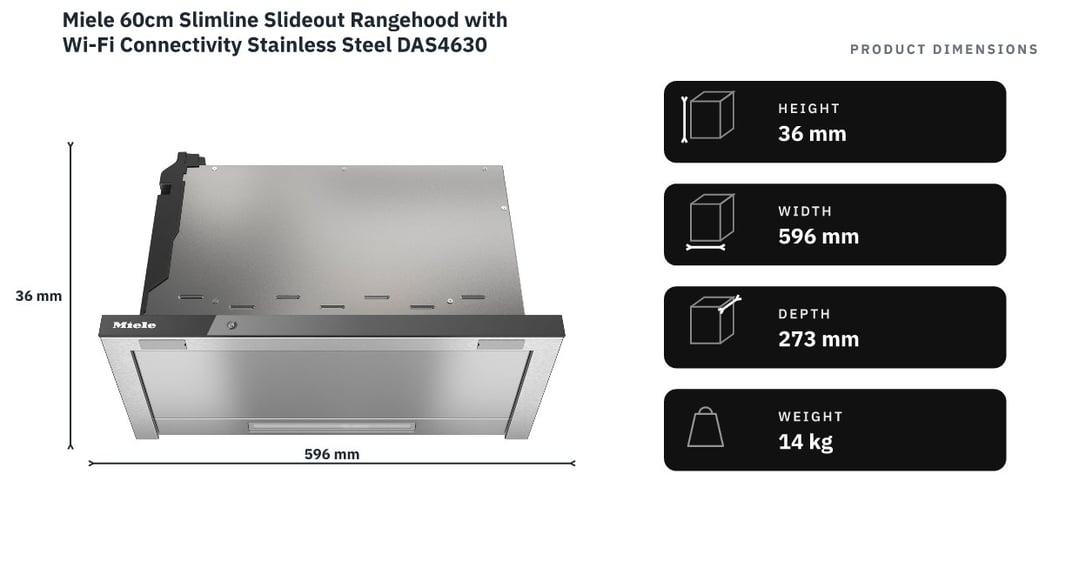Miele 60cm Slimline Slideout Rangehood with Wi-Fi Connectivity Stainless Steel DAS4630 — product dimensions
