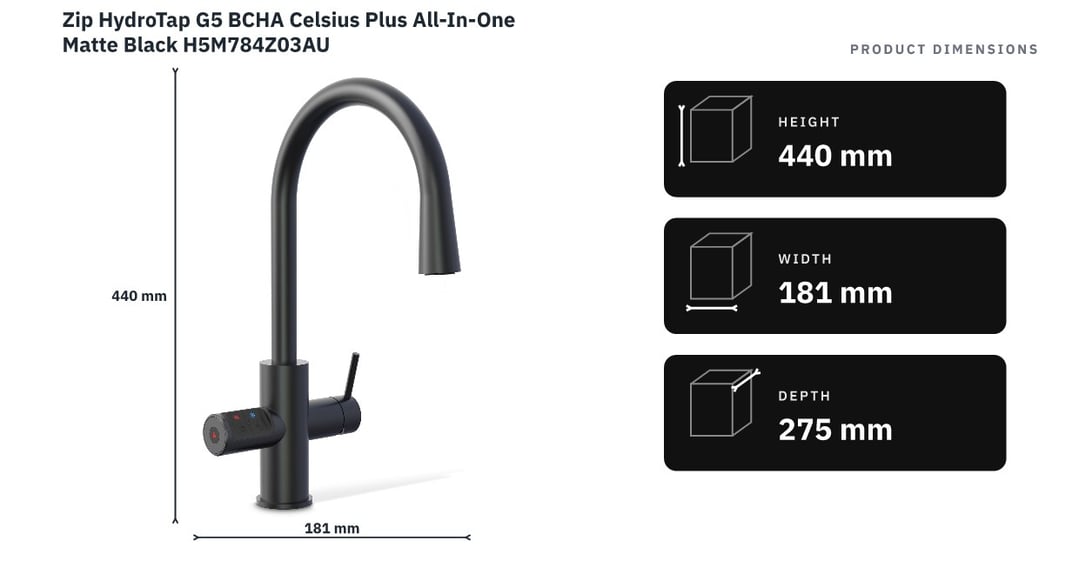 Zip HydroTap G5 BCHA Celsius Plus All-In-One Matte Black H5M784Z03AU — product dimensions