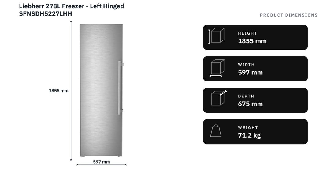Liebherr 278L Freezer - Left Hinged SFNSDH5227LHH — product dimensions