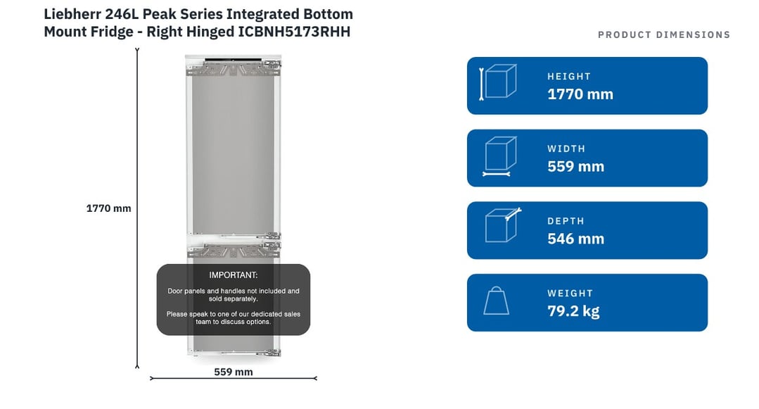 Liebherr 246L Peak Series Integrated Bottom Mount Fridge - Right Hinged ICBNH5173RHH