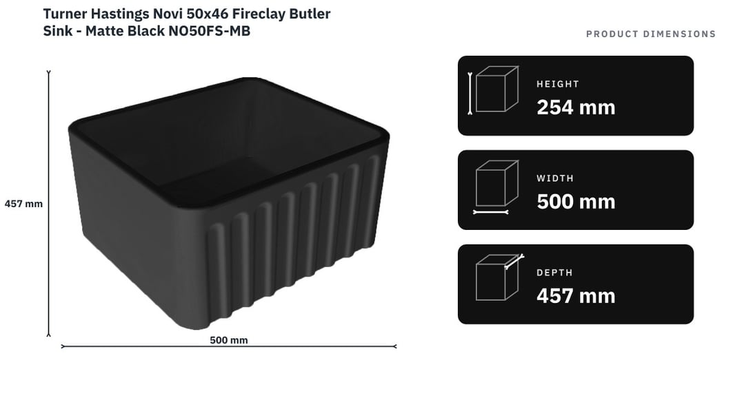 Turner Hastings Novi 50x46 Fireclay Butler Sink - Matte Black NO50FS-MB — product dimensions