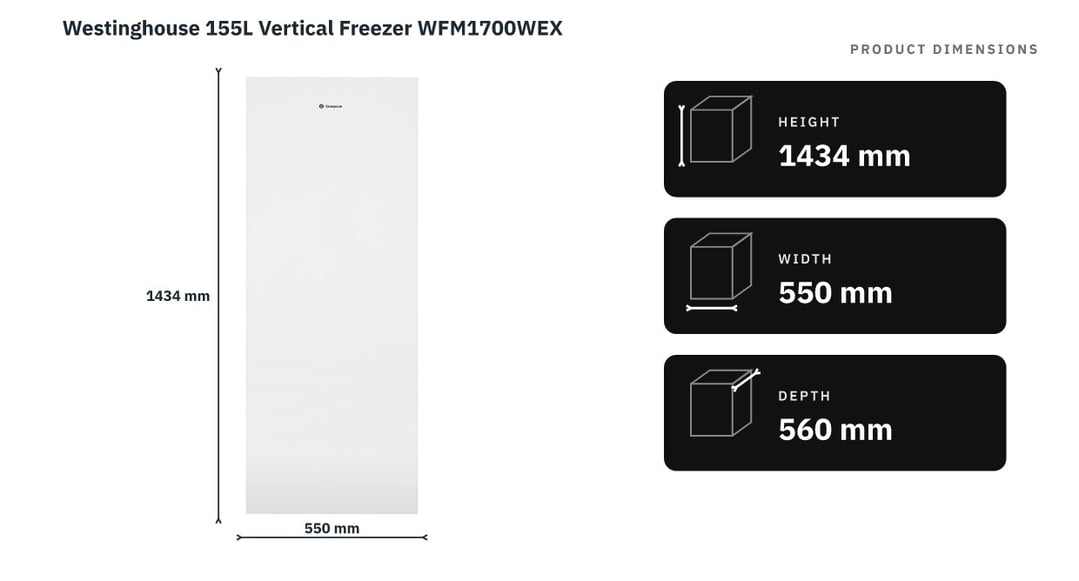 Westinghouse 155L Vertical Freezer WFM1700WEX — product dimensions
