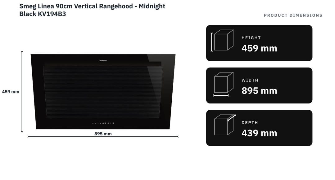 Smeg Linea 90cm Vertical Rangehood - Midnight Black KV194B3 — product dimensions