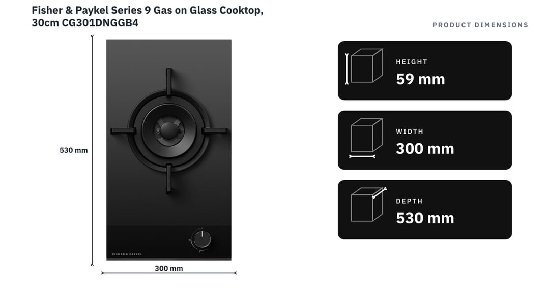 Fisher & Paykel Series 9 Gas on Glass Cooktop, 30cm CG301DNGGB4 — product dimensions