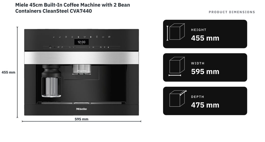 Miele 45cm Built-In Coffee Machine with 2 Bean Containers CleanSteel CVA7440 — product dimensions