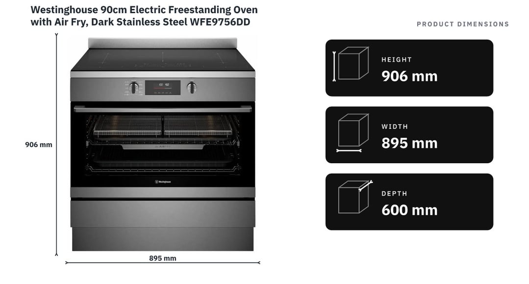 Westinghouse 90cm Electric Freestanding Oven with Air Fry, Dark Stainless Steel WFE9756DD — product dimensions