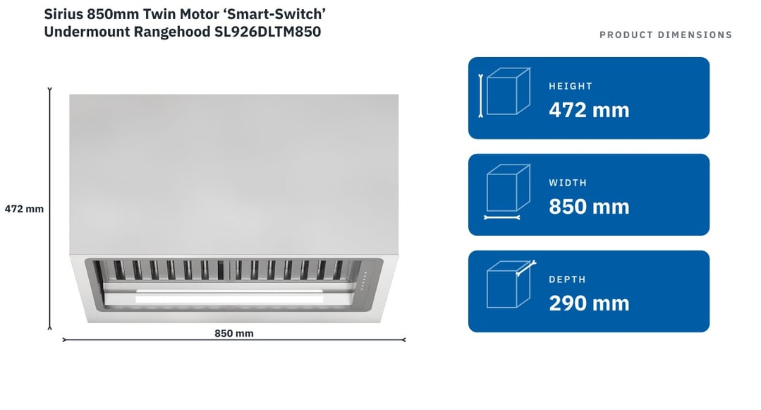 Sirius 850mm Twin Motor ‘Smart-Switch’ Undermount Rangehood SL926DLTM850