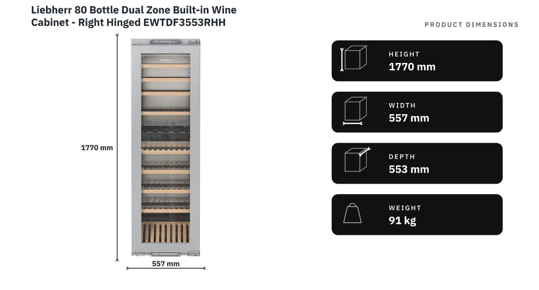 Liebherr 80 Bottle Dual Zone Built-in Wine Cabinet - Right Hinged EWTDF3553RHH — product dimensions