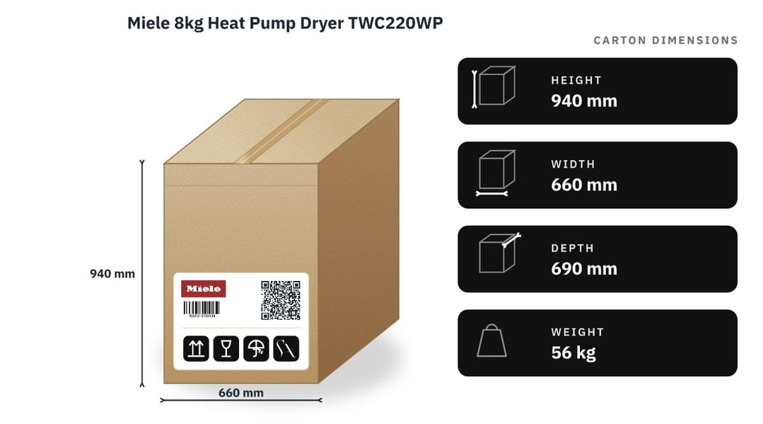 Miele 8kg Heat Pump Dryer TWC220WP — packaged dimensions