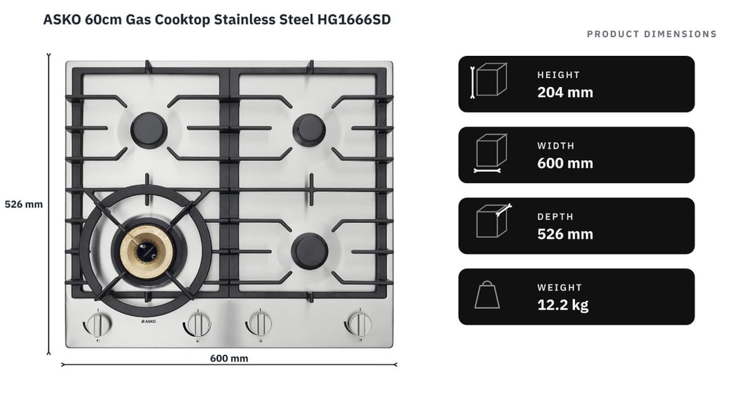 ASKO 60cm Gas Cooktop Stainless Steel HG1666SD — product dimensions