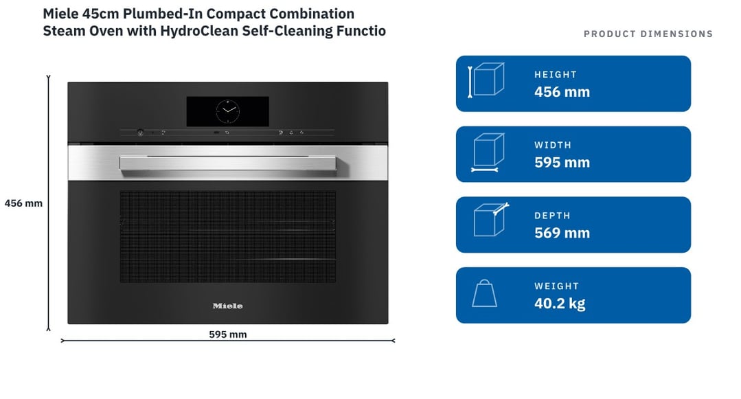 Miele 45cm Plumbed-In Compact Combination Steam Oven with HydroClean Self-Cleaning Function CleanSteel DGC7845HCPROCLST — product dimensions