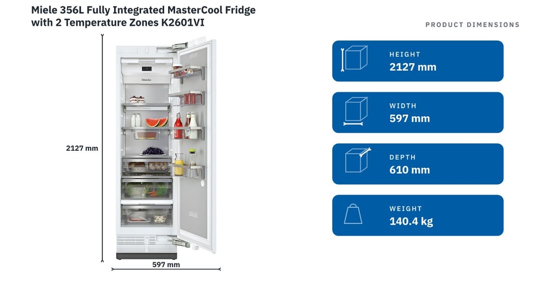Miele 356L Fully Integrated MasterCool Fridge with 2 Temperature Zones K2601VI — product dimensions