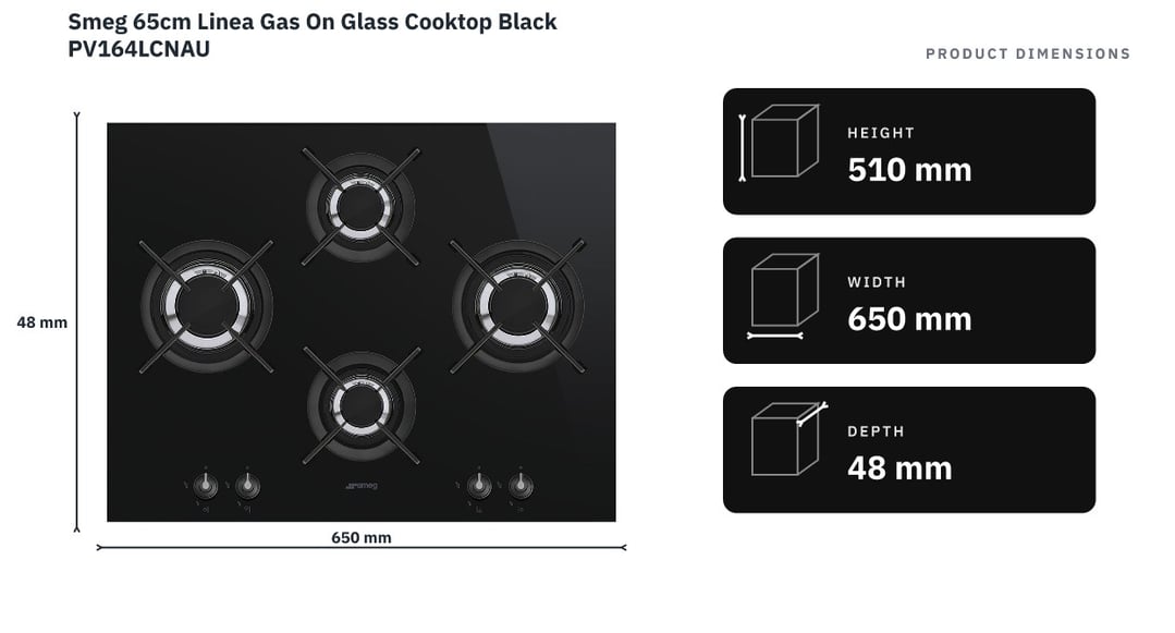 Smeg 65cm Linea Gas On Glass Cooktop Black PV164LCNAU — product dimensions