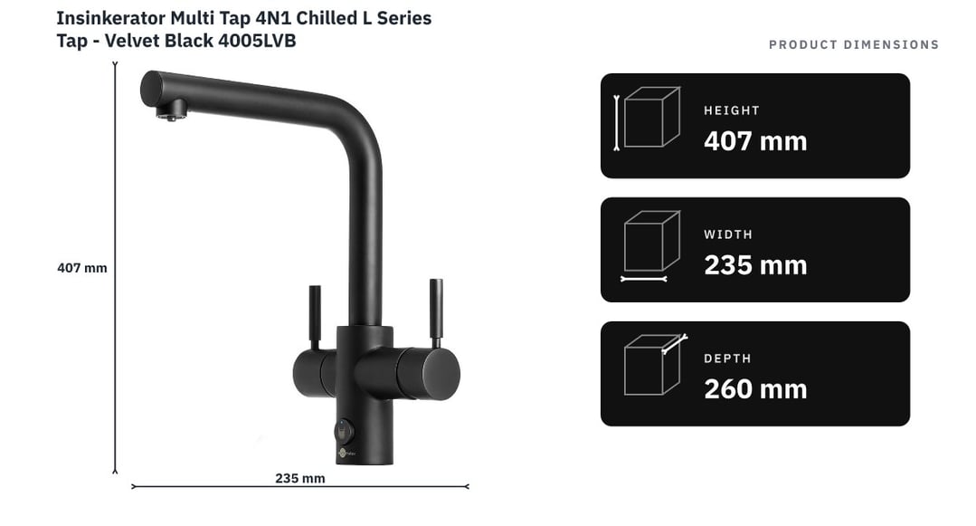 Insinkerator Multi Tap 4N1 Chilled L Series Tap - Velvet Black 4005LVB — product dimensions