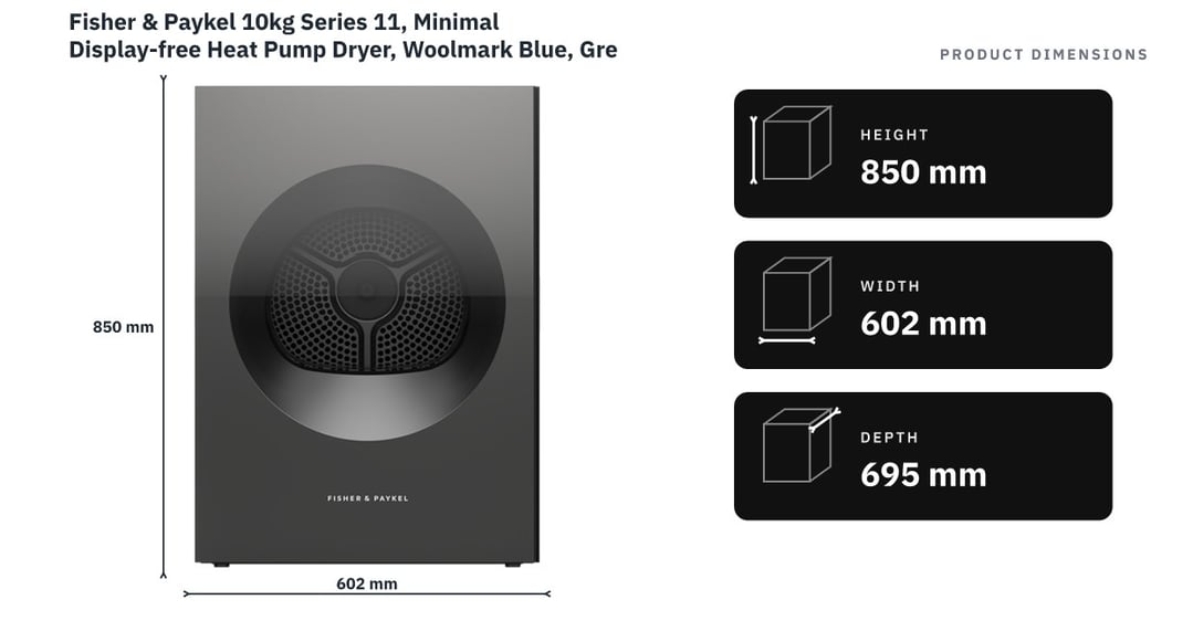 Fisher & Paykel 10kg Series 11, Minimal Display-free Heat Pump Dryer, Woolmark Blue, Grey Glass DH1060YLZB5 — product dimensions