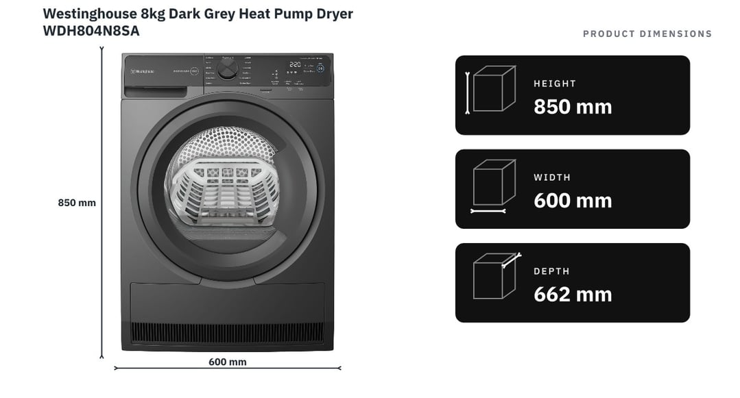 Westinghouse 8kg Dark Grey Heat Pump Dryer WDH804N8SA — product dimensions