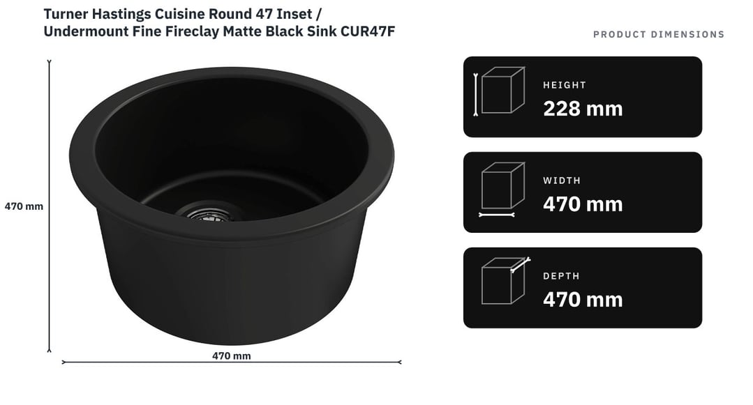 Turner Hastings Cuisine Round 47 Inset / Undermount Fine Fireclay Matte Black Sink CUR47FS-MB — product dimensions