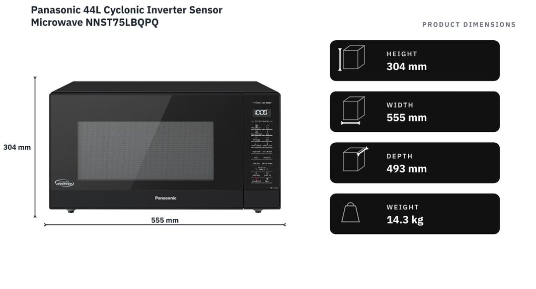 Panasonic 44L Cyclonic Inverter Sensor Microwave NNST75LBQPQ — product dimensions