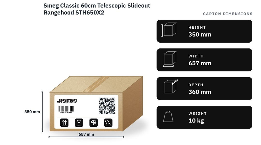 Smeg Classic 60cm Telescopic Slideout Rangehood STH650X2 — packaged dimensions