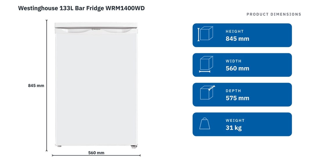 Westinghouse 133L Bar Fridge WRM1400WD — product dimensions