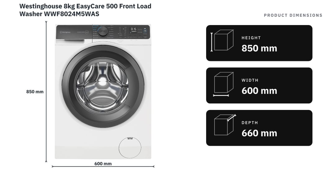Westinghouse 8kg EasyCare 500 Front Load Washer WWF8024M5WAS — product dimensions