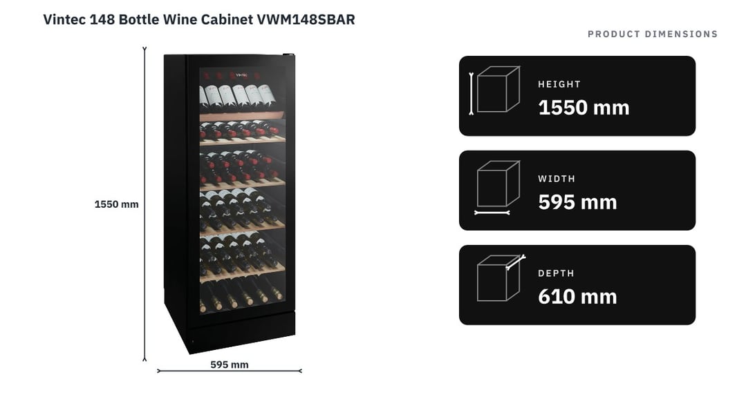 Vintec 148 Bottle Wine Cabinet VWM148SBAR — product dimensions