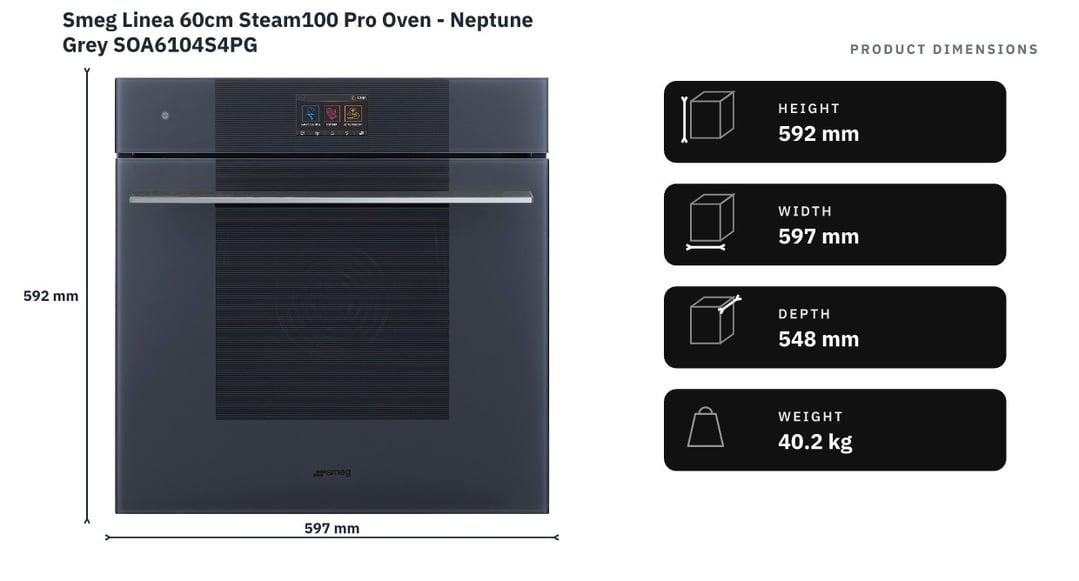 Smeg Linea 60cm Steam100 Pro Oven - Neptune Grey SOA6104S4PG — product dimensions