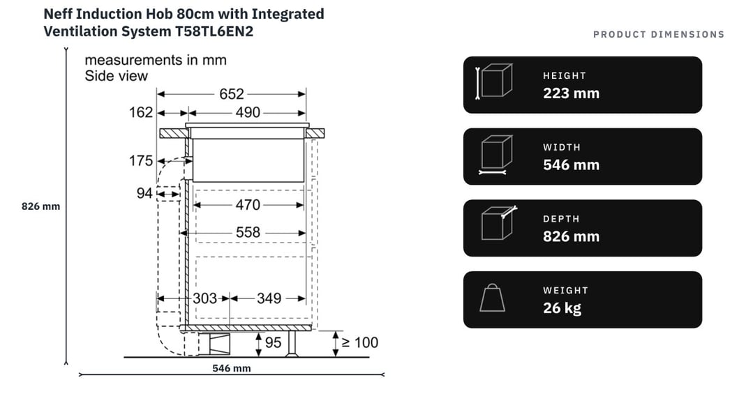 Neff Induction Hob 80cm with Integrated Ventilation System T58TL6EN2 — product dimensions