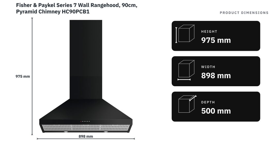 Fisher & Paykel Series 7 Wall Rangehood, 90cm, Pyramid Chimney HC90PCB1 — product dimensions