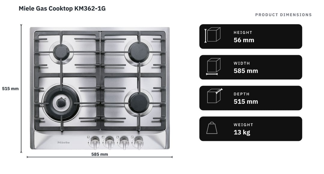 Miele Gas Cooktop KM362-1G — product dimensions