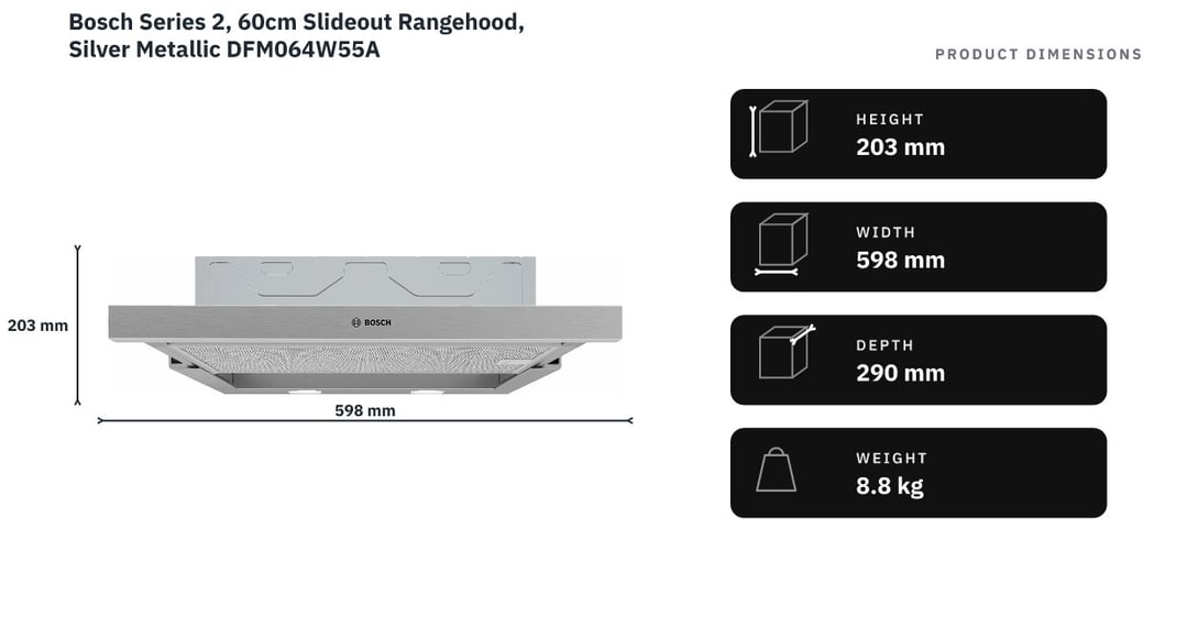 Bosch Series 2, 60cm Slideout Rangehood, Silver Metallic DFM064W55A — product dimensions