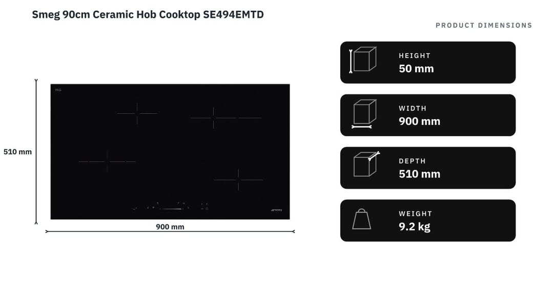 Smeg 90cm Ceramic Hob Cooktop SE494EMTD — product dimensions
