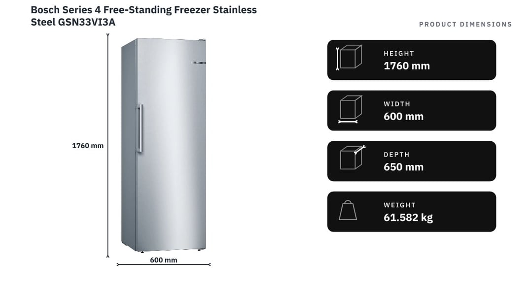 Bosch Series 4 Free-Standing Freezer Stainless Steel GSN33VI3A — product dimensions