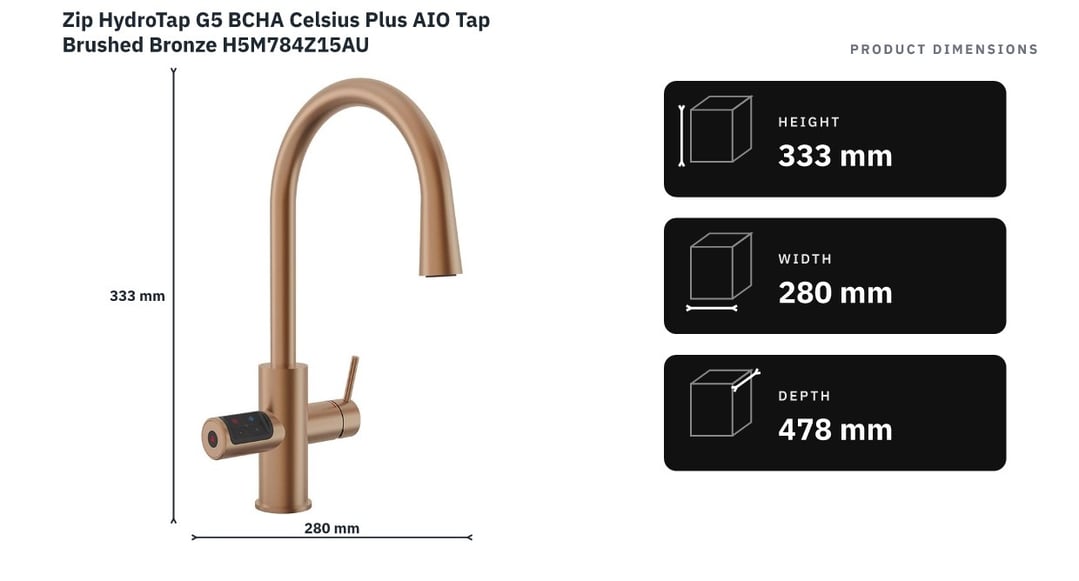 Zip HydroTap G5 BCHA Celsius Plus AIO Tap Brushed Bronze H5M784Z15AU — product dimensions