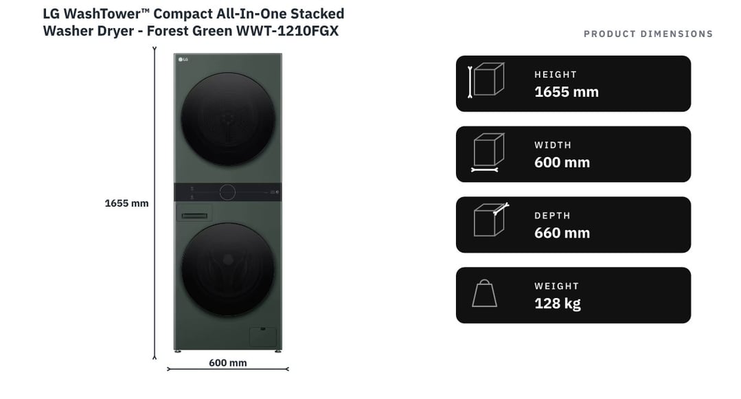 LG WashTower™ Compact All-In-One Stacked Washer Dryer - Forest Green WWT-1210FGX — product dimensions