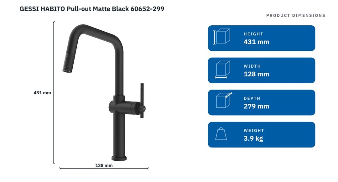 GESSI HABITO Pull-out Matte Black 60652-299 — product dimensions