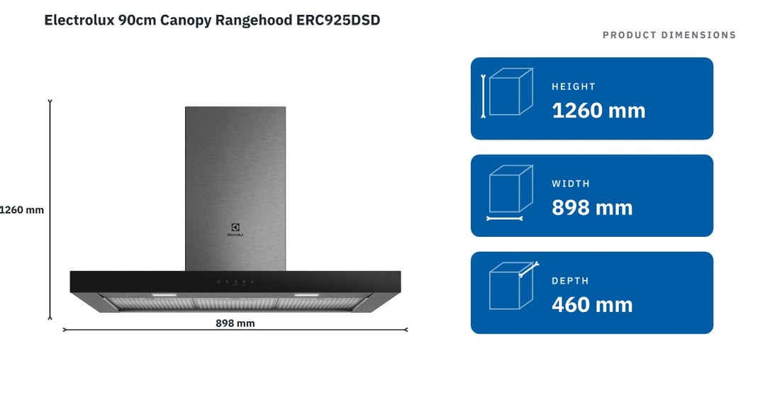 Electrolux 90cm Canopy Rangehood ERC925DSD — product dimensions