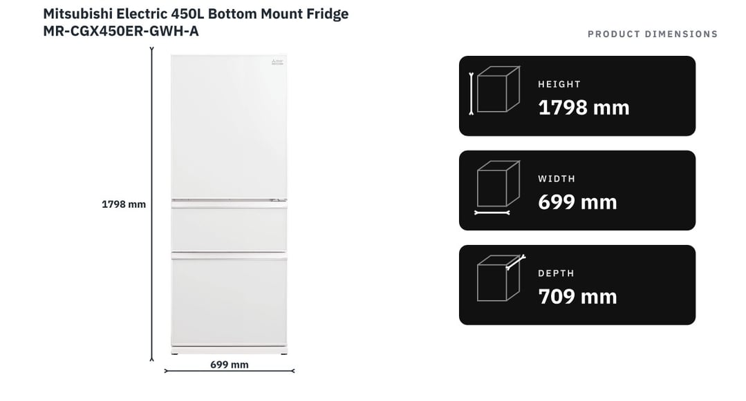 Mitsubishi Electric 450L Bottom Mount Fridge MR-CGX450ER-GWH-A — product dimensions