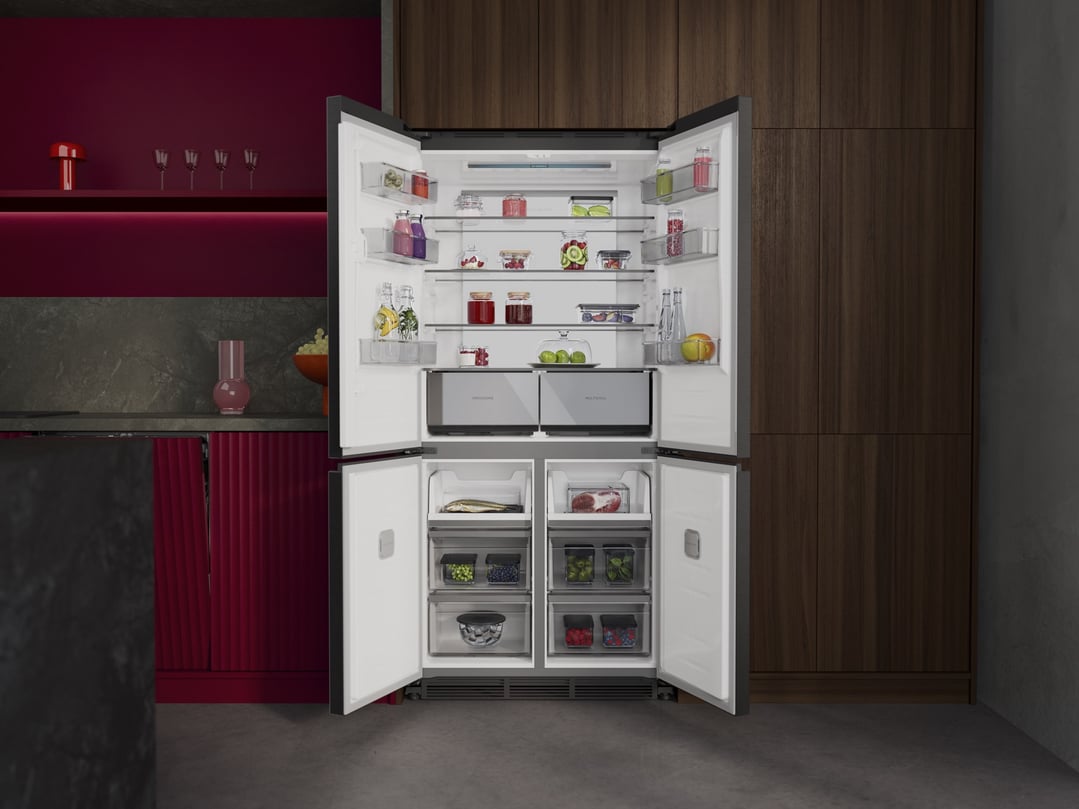 Open AEG 8000 Series quad door fridge in a modern kitchen