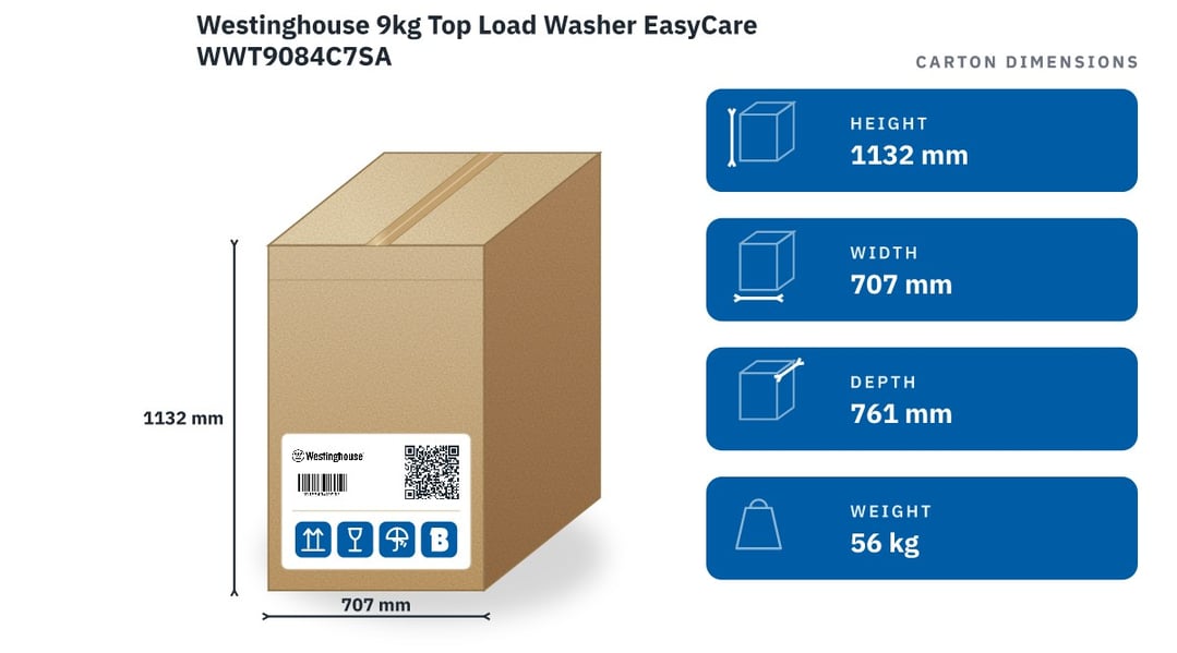 Westinghouse 9kg Top Load Washer EasyCare WWT9084C7SA — packaged dimensions