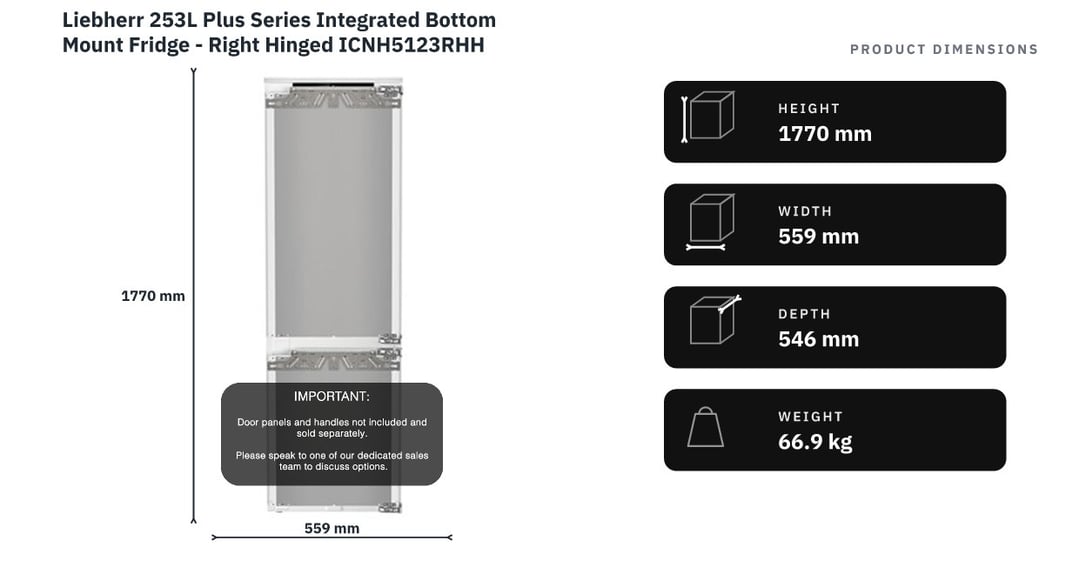 Liebherr 253L Plus Series Integrated Bottom Mount Fridge - Right Hinged ICNH5123RHH — product dimensions