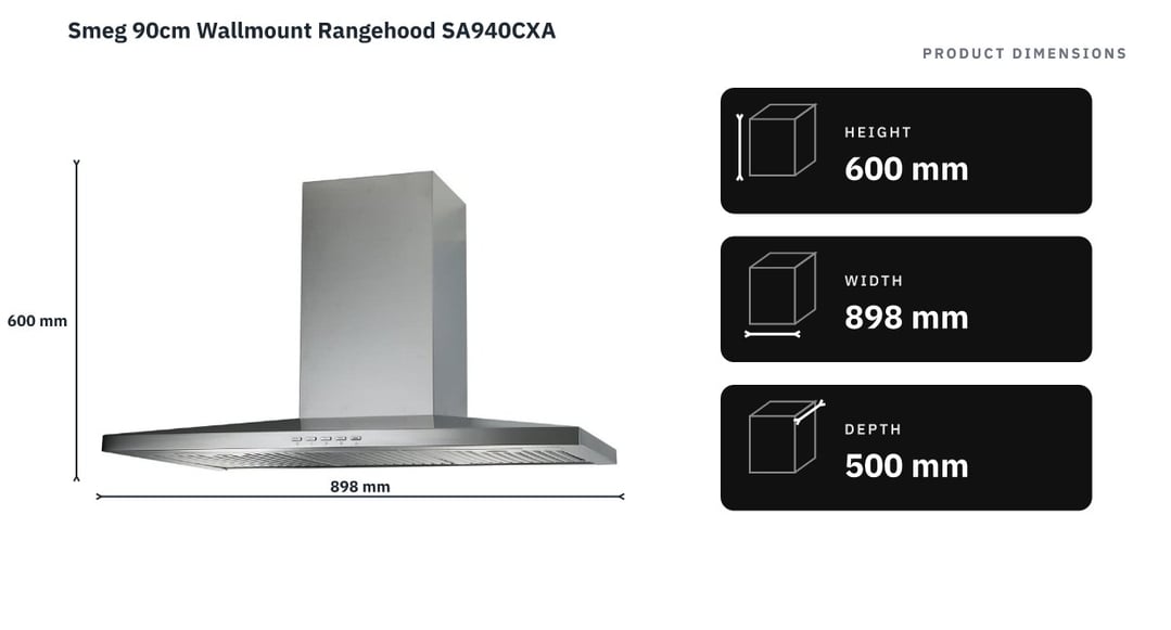 Smeg 90cm Wallmount Rangehood SA940CXA — product dimensions