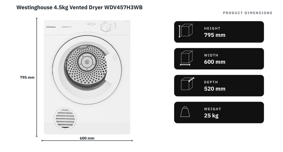 Westinghouse 4.5kg Vented Dryer WDV457H3WB — product dimensions