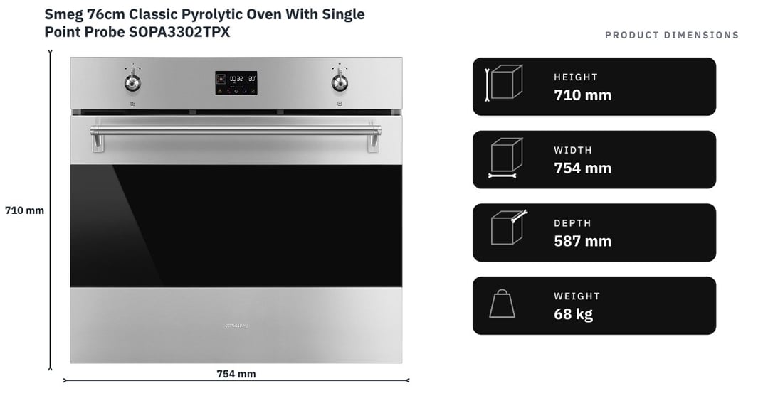 Smeg 76cm Classic Pyrolytic Oven With Single Point Probe SOPA3302TPX — product dimensions