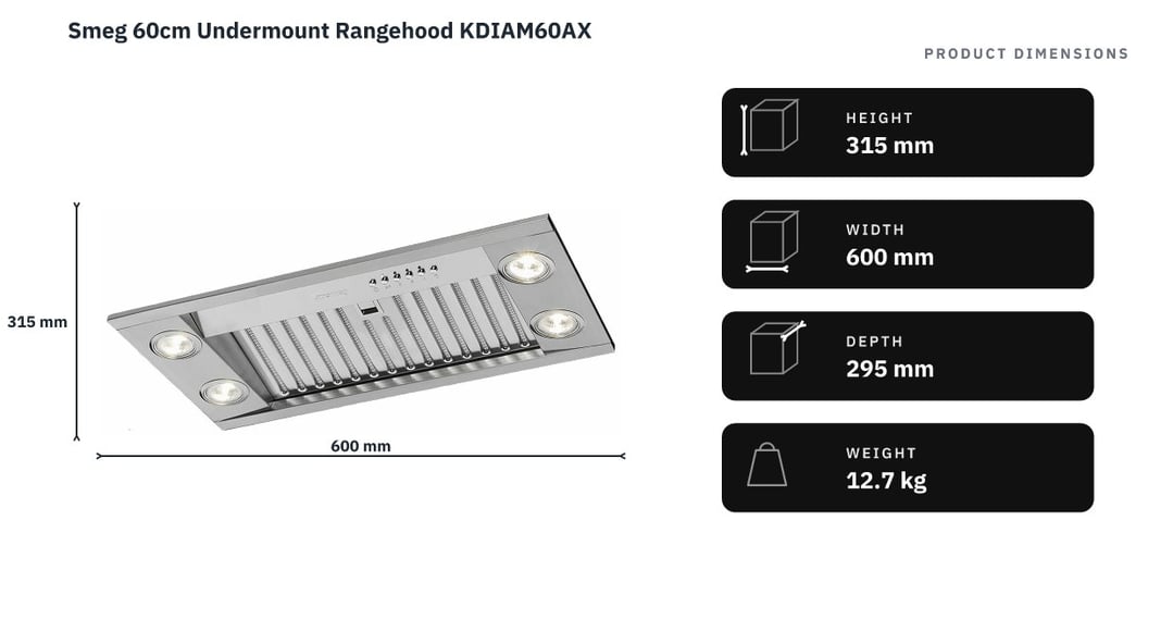 Smeg 60cm Undermount Rangehood KDIAM60AX — product dimensions