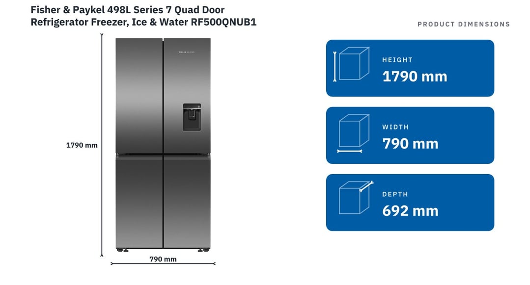 Fisher & Paykel 498L Series 7 Quad Door Refrigerator Freezer, Ice & Water RF500QNUB1