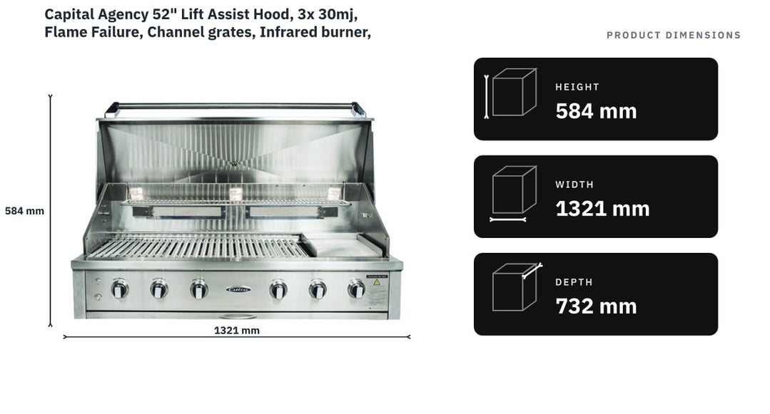 Capital Agency 52" Lift Assist Hood, 3x 30mj, Flame Failure, Channel grates, Infrared burner, rotisserie, Halogen lighting, thermostat NAT Gas ACG52RBI1N — product dimensions