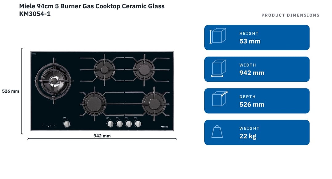 Miele 94cm 5 Burner Gas Cooktop Ceramic Glass KM3054-1